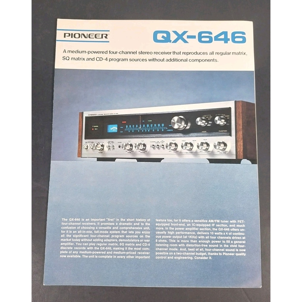 Vintage Pioneer QX-646 Quadraphonic Receiver 4-Page Foldout Dealer Brochure 1974